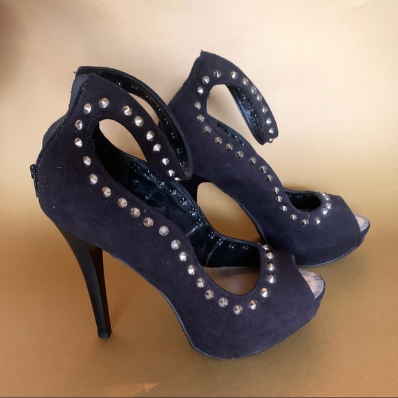 Spikes Black High Heels Open Toe Platform w/ Strap - Picture 6 of 7